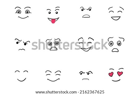 Cartoon cute and funny faces with positive and negative emotions. Comic caricature characters with eyes and mouth. Hand drawn facial expressions set. Vector flat avatar icons.