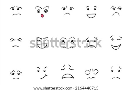 Cartoon cute and funny faces with positive and negative emotions. Comic caricature characters with eyes and mouth. Hand drawn facial expressions set. Vector flat avatar icons.