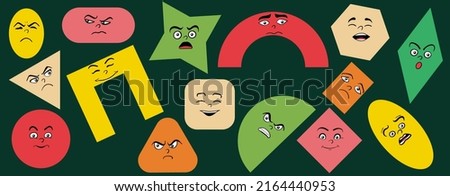 Cartoon cute and funny graphic shapes with positive and negative emotions. Comic caricature characters with eyes and mouth. Hand drawn facial expressions set. Vector flat avatar icons.