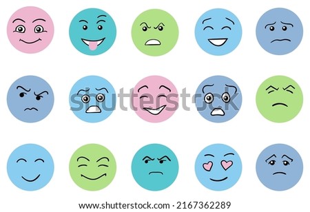 Cartoon cute and funny faces with positive and negative emotions. Comic caricature characters with eyes and mouth. Hand drawn facial expressions set. Vector flat avatar icons.