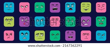 Cartoon cute and funny faces with positive and negative emotions. Comic caricature characters with eyes and mouth. Hand drawn facial expressions set. Vector flat avatar icons.