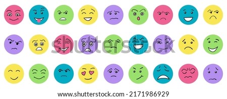 Cartoon cute and funny faces with positive and negative emotions. Comic caricature characters with eyes and mouth. Hand drawn facial expressions set. Vector flat avatar icons.