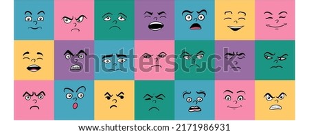 Cartoon cute and funny faces with positive and negative emotions. Comic caricature characters with eyes and mouth. Hand drawn facial expressions set. Vector flat avatar icons.