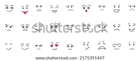 Cartoon cute and funny faces with positive and negative emotions. Comic caricature characters with eyes and mouth. Hand drawn facial expressions set. Vector flat avatar icons.