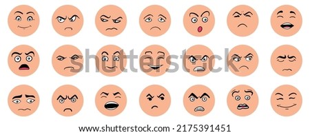 Cartoon cute and funny faces with positive and negative emotions. Comic caricature characters with eyes and mouth. Hand drawn facial expressions set. Vector flat avatar icons.