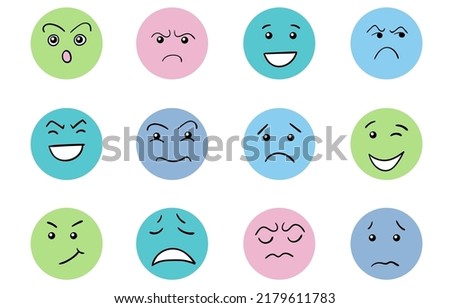 Cartoon cute and funny faces with positive and negative emotions. Comic caricature characters with eyes and mouth. Hand drawn facial expressions set. Vector flat avatar icons.