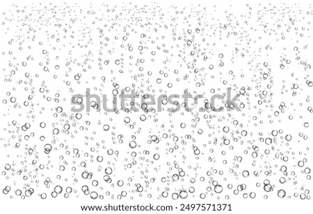 Oxygen air bubbles  flow  in water on white  background. Fizzy sparkles in sea, aquarium. Soda pop. Champagne. Effervescent tablet. Undersea vector texture.