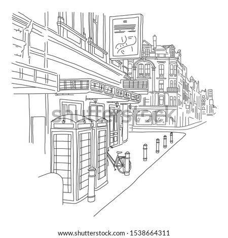 stylish banner sketch London street hand drawn. beautiful view  street, low residential buildings and offices. Bicycles stand in parking lot near buildings near road. vector illustration.