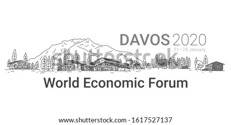 Banner written Davos 2020, world economic forum. Picturesque alpine city. Interesting ways to organize leisure and sports activities. Beautiful landscape, city and snowy mountain, slide.