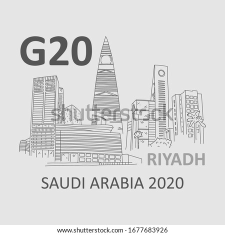 Event in Saudi Arabia G20 town Riyadh, sketch. Summit leaders to be held in Riyadh November 2020. Protection global commons. Responsibility to world for overcoming problems. Vector illustration.
