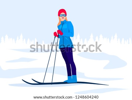 Ski woman. Winter Sport. Flat Vector illustration