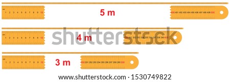 Set Rulers of 5, 4, 3 meters. Calibration grid, mockup. 1 mm increment. Scale 1:2.