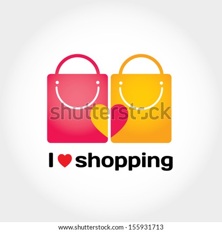 I love shopping vector sign with typography, two shopping bags and heart