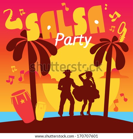 Salsa dancing poster for the party. Cuban couple dance salsa at sunset beach. Musical instruments on the seaside. Dancers on the sand at summer dusk.