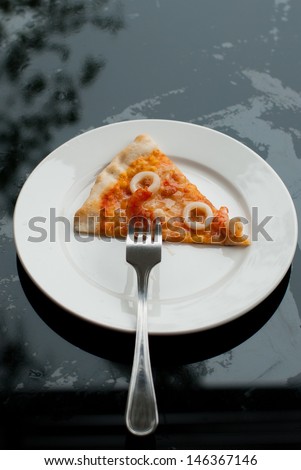 Seafood Pizza Slice in white dish on a black background