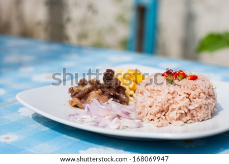 Rice with shrimp paste Thai food on white background