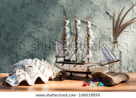 wooden sail ship toy model on the table