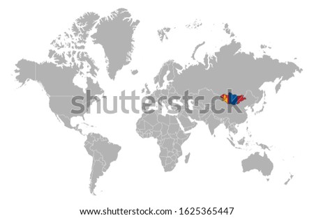 Mongolia on detailed world map. With overlay Mongolia flag. The location of the country of Mongolia on the world map.