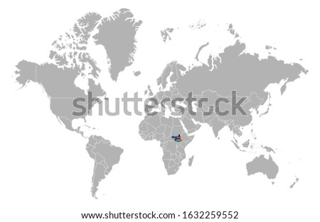 South Sudan on detailed world map. With overlay South Sudan flag. The location of the country of South Sudan on the world map.