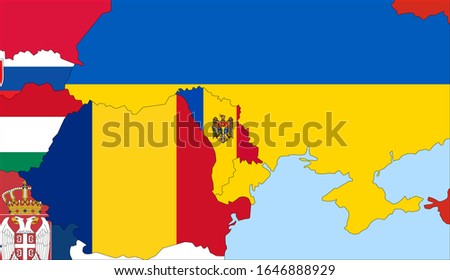 Center the map of Moldova. Vector maps showing Moldova and neighboring countries. Flags are indicated on the country maps, the most recent detailed drawing.