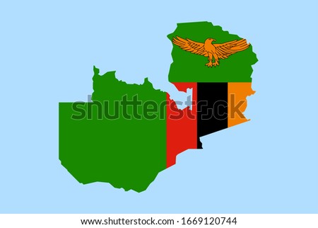 Map of Zambia on a blue background, Flag of Zambia on it.