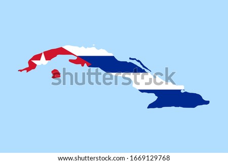 Map of Cuba on a blue background, Flag of Cuba on it.