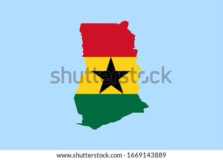 Map of Ghana on a blue background, Flag of Ghana on it.