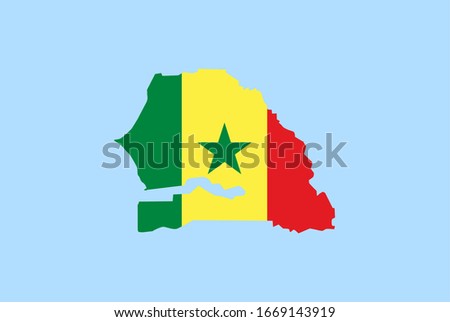 Map of Senegal on a blue background, Flag of Senegal on it.