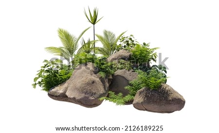 Cutout rock surrounded by plants. Decorative shrub for landscaping. Clipping mask available for composition. 3d rendering Stockfoto © 