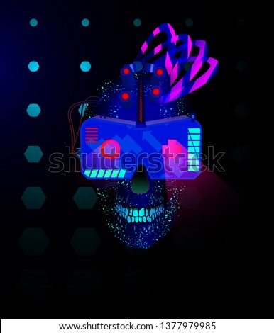 Blue Skull in the face with glasses of virtual reality with mechanical devices on the face with neon light in the style of cyberpunk