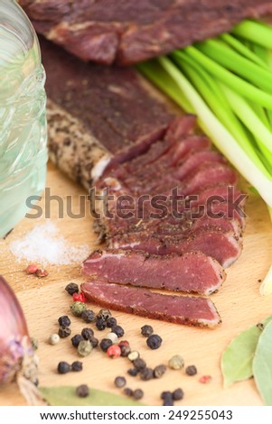 dried fat and meat tasty still life beer set