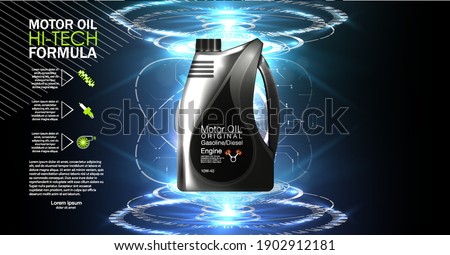 oil background, vector illustration Bottle engine oil Canister of engine motor oil, full synthetic clinging molecules protection. Vector illustration with realistic canister and motor oil splashes