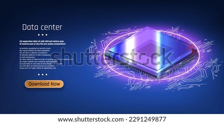 Futuristic microchip processor with lights on the blue background. Quantum computer, computer processor with digital chip and electronic components on motherboard or printed circuit board.