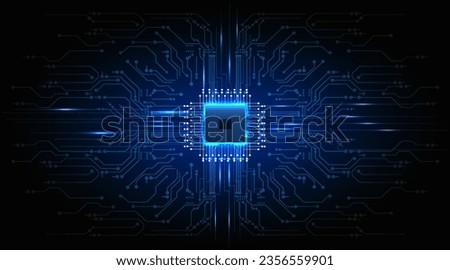 Central Computer Processors CPU concept. Motherboard digital chip. processor with lights on the blue background. Quantum computer, large data processing,