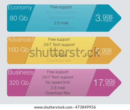 Triple banner for hosting, interface for the site.Three tariffs banners. Web pricing table. Vector design for web app. Arrow style.