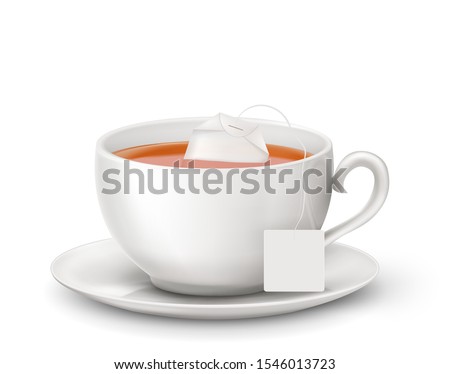 black tea with hot tea and tea bag in white cup. Vector illustration