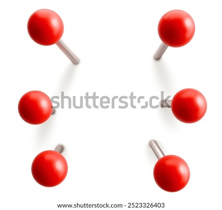 Set of red push pins. Thumbtacks ready for your design. Different angle view. Vector illustration isolated on white background