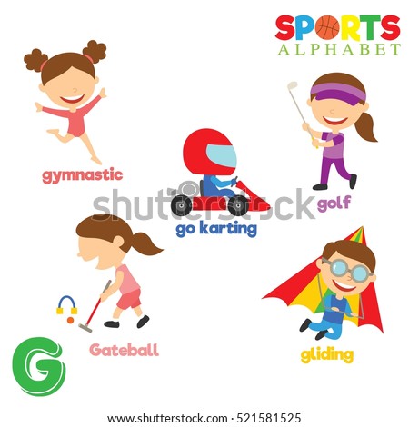Cute Sports alphabet in vector with G letter. Funny cartoon sports. Alphabet design in a colorful style. 