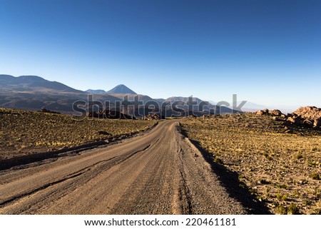 Empty Road in Atacama (Chile/Bolivia borders). The Atacama Desert is a plateau in South America, covering a 1,000-kilometre (600 mi) strip of land on the Pacific coast, west of the Andes mountains.