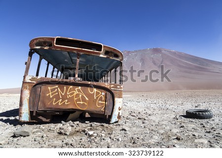 An abandoned bus between Chilean and Bolivian borders in Atacama Desert, South America.