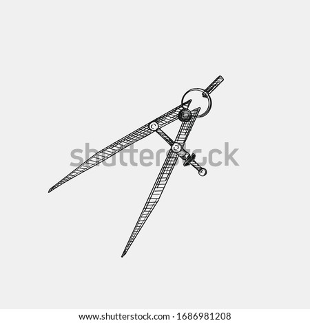 Hand-drawn sketch of a Compass (drawing tool) on a white background. Stationery Supplies for School and Office. Pair of compasses