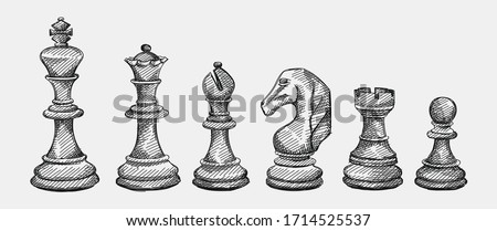 Hand-drawn sketch set of Chess pieces on a white background. Chess. Check mate. King, Queen, Bishop, Knight, Rook, Pawn