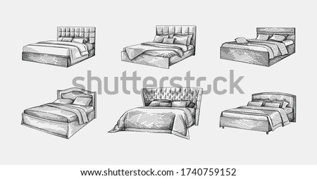 Hand-drawn sketch of double bed with simple headboard. Bed with coverlid and pillows. Bedroom furniture. Cozy and decorative bedding style. 