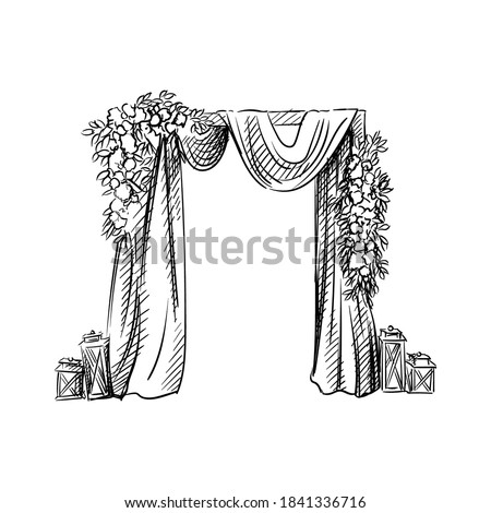 Hand-drawn sketch of decorated arch for wedding ceremony. Wedding deccor. Preparation for wedding ceremony. Bride and groom arch. Holiday. Celebration.