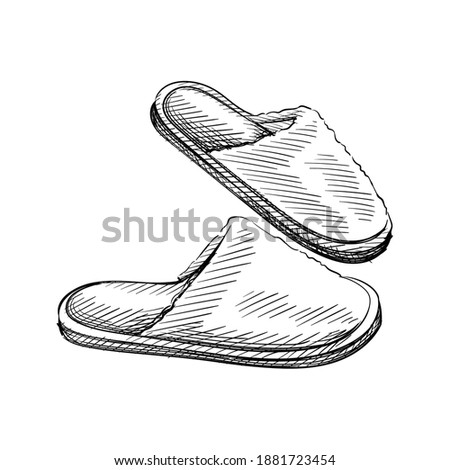 Hand drawn sketch of sleeping slippers on a white background. Black and white sketch of slippers. Going to sleep. Sleeping set