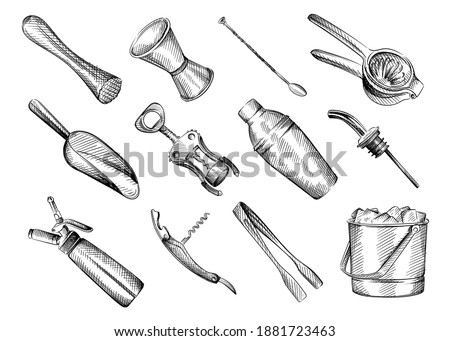 Hand drawn Black and white sketch set of Bar inventory. Muddler; jigger; measuring cup; bar spoon; squeezer; ice tongs; corkscrew; scoop; cream dispenser; ice bucket; shaker; Bar geyser, dispenser