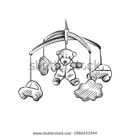 Hand drawn sketch of bed carousel, hanging rattle on a white background. Black and white sketch of hanging rattle. Baby items.