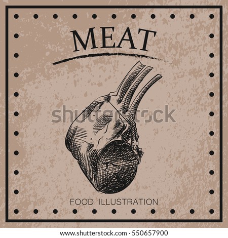 Graphic hand drawn meat isolated on shabby background.  meat products sketch elements. Retro hand-drawn vector illustration
