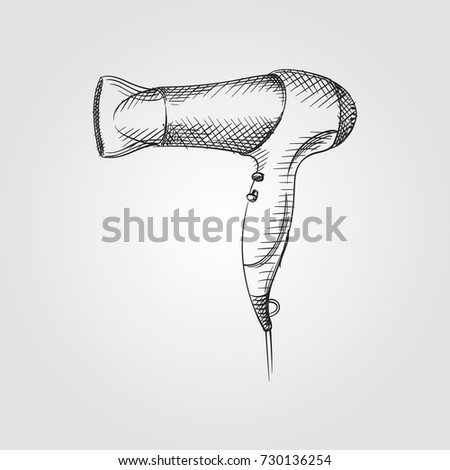 Hand Drawn Hairdryer Sketch Symbol isolated on white background. Vector barbershop accessories In Trendy Style. Hair care and Styling elements