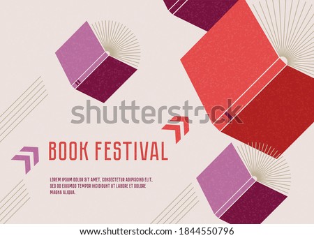 Banner or poster for book festival. Open books flying with arrows. Concept. Vector minimalist background with textures. Design template for a library.  Striving for success. Foto stock © 